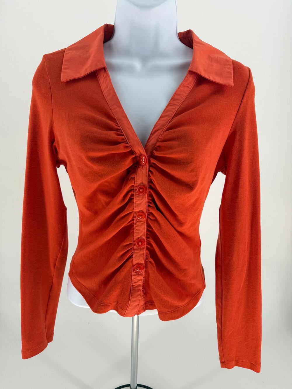 Maeve Anthropologie Y2K Ruched Button Front Top Small Orange Long Sleeve